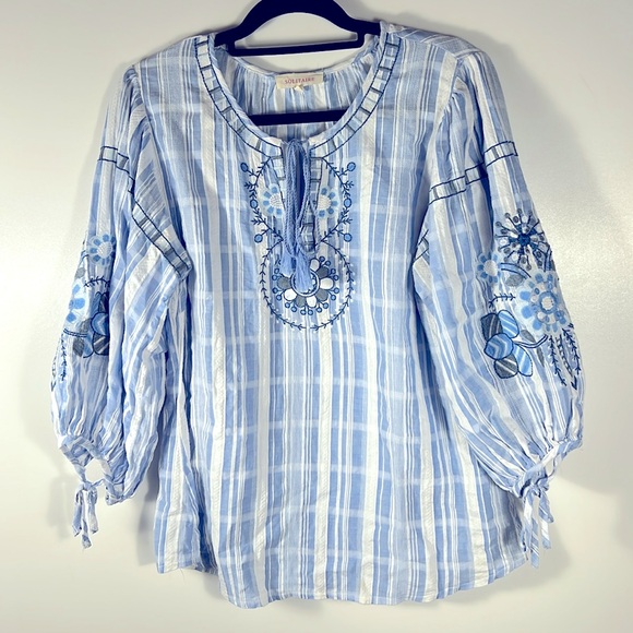 Solitaire Blue and White Embroidered Blouse - Picture 2 of 9